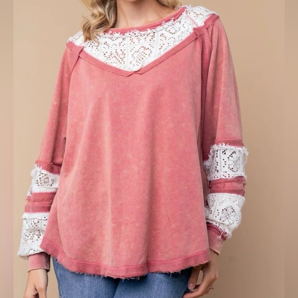 white birch Tops - White Birch Pink Lace Accent Top